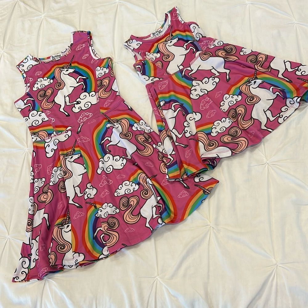 Lot Of 2 Jxstar Girl's Pink Rainbows & Unicorn Sleeveless Casual Dress 150 & 110